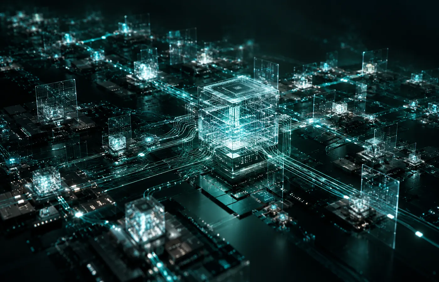 Abstract connected nodes representing an AI agent workflow