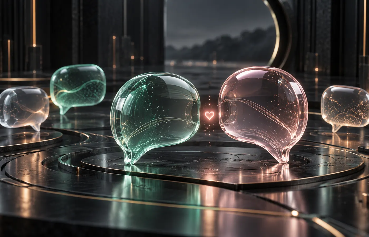 Five translucent glass chat forms on a dark platform, with a small rose heart glowing between the central jade and rose pair