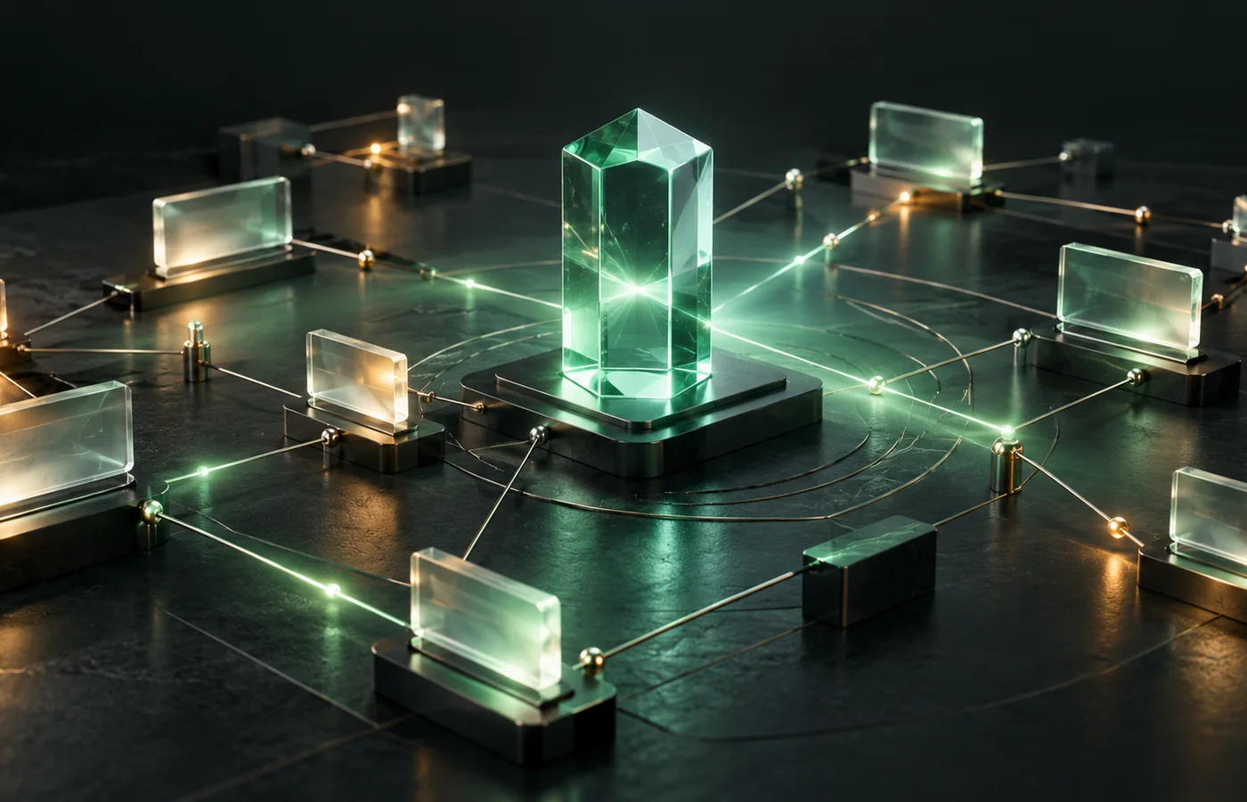 A jade glass prism connected to illuminated glass answer tiles on a dark graphite platform