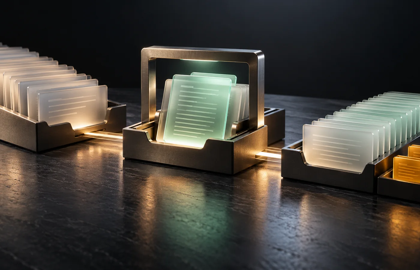 Frosted invoice-like document cards arranged in graphite trays around a jade review panel, with separate amber exception tabs