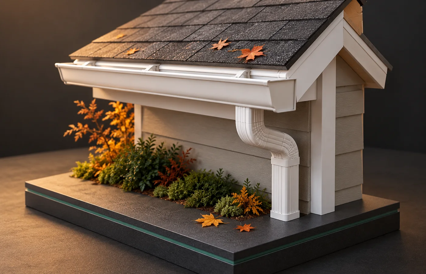 A conceptual studio model of a shingled roof edge with a white gutter and downspout, autumn leaves, and a dark display plinth