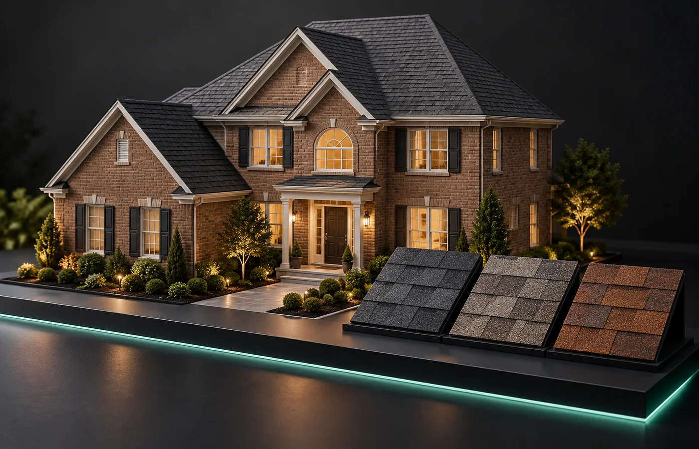 An architectural model of a brick house with a charcoal shingle roof beside three roofing samples on a softly illuminated graphite plinth