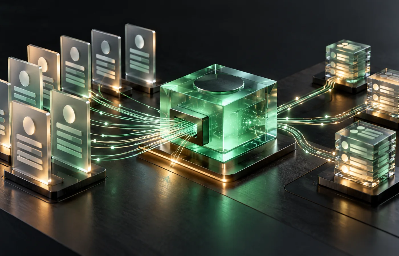 Frosted profile cards connected through a jade glass data hub to separate stacks of structured records
