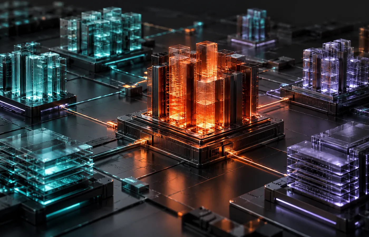 An orange-red analytical data engine surrounded by cooler teal and violet database structures on a dark platform