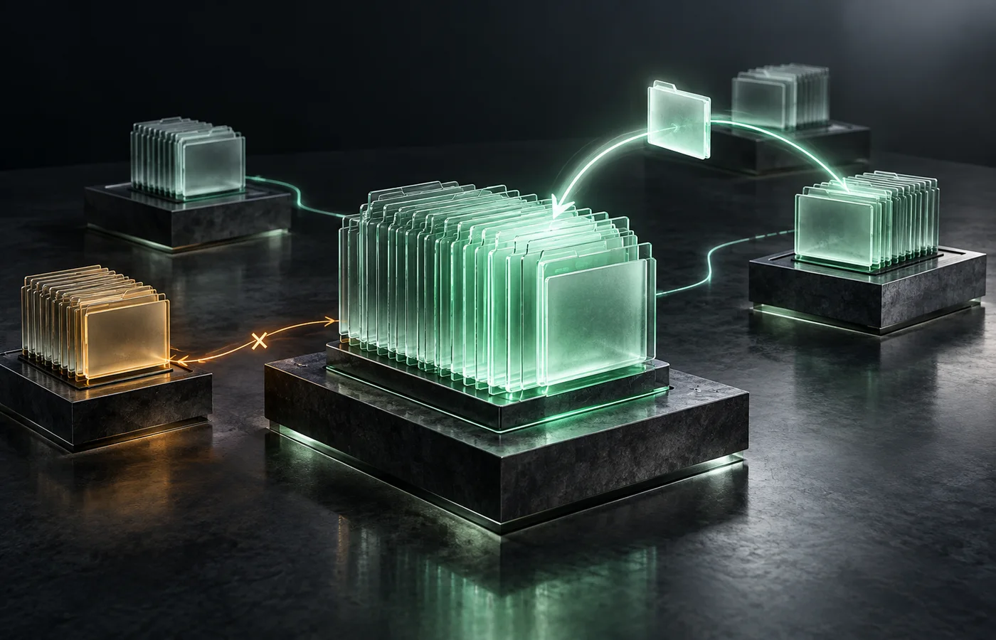 A central jade file stack linked to separate frosted recovery-version stacks on graphite plinths, with a small amber interruption marker