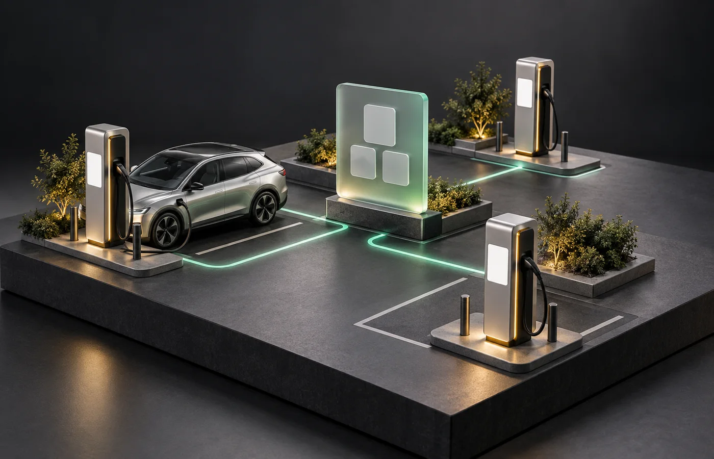 A conceptual studio model of three EV charging pedestals and a silver car connected by jade light paths to a frosted control panel