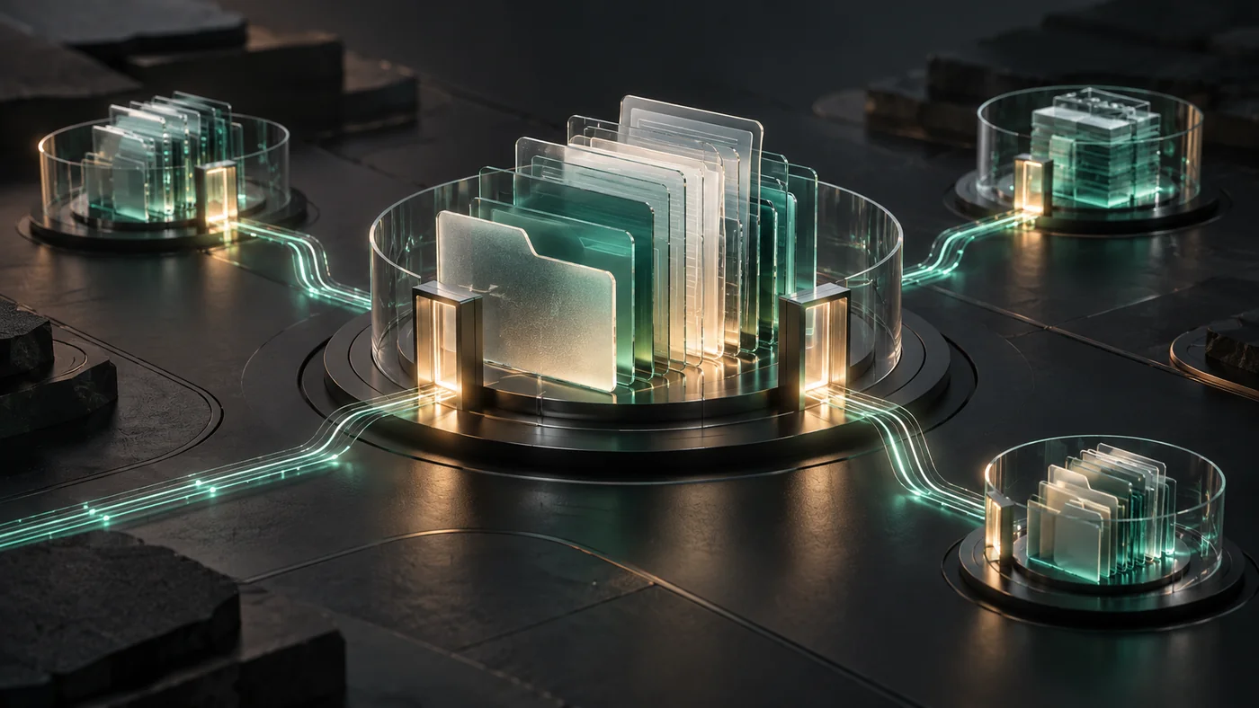 Glass file folders enclosed by transparent boundaries and connected by illuminated paths on a dark platform