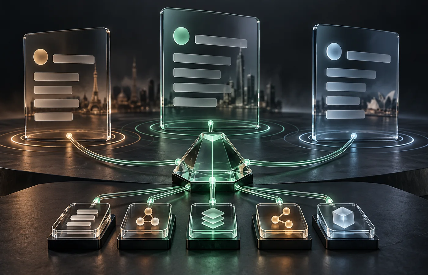 Three smoked-glass search-result panels with city backdrops linked through a jade routing prism to structured-data tiles on a graphite stage