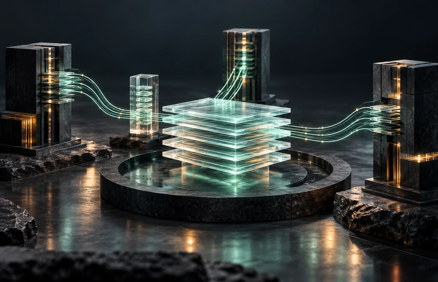 A central stack of frosted-glass table layers connected to three graphite query towers and a clear catalog prism