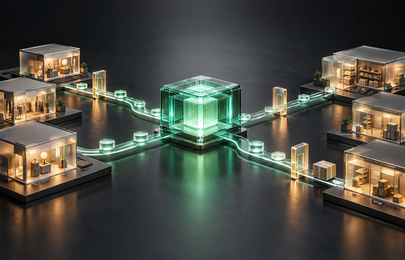 Glass storefront models linked by illuminated routes through a central jade transaction hub, with milestone gates and a small parcel