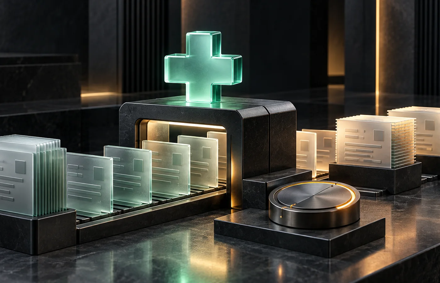 Frosted document panels passing through a graphite gateway beneath a jade medical cross, with completed stacks and an abstract reconciliation dial