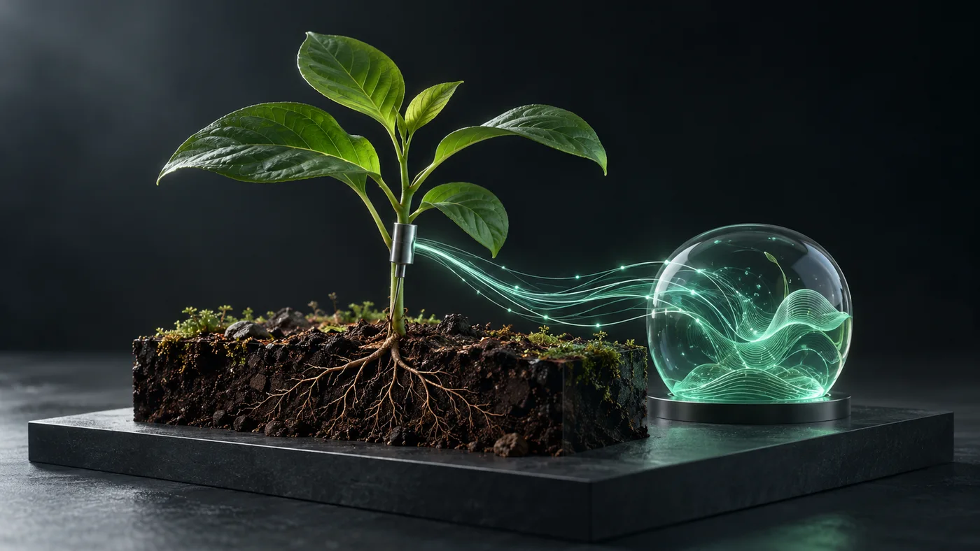 Conceptual illustration of a leafy sapling with a small sensing probe connected by jade light to a glass data structure