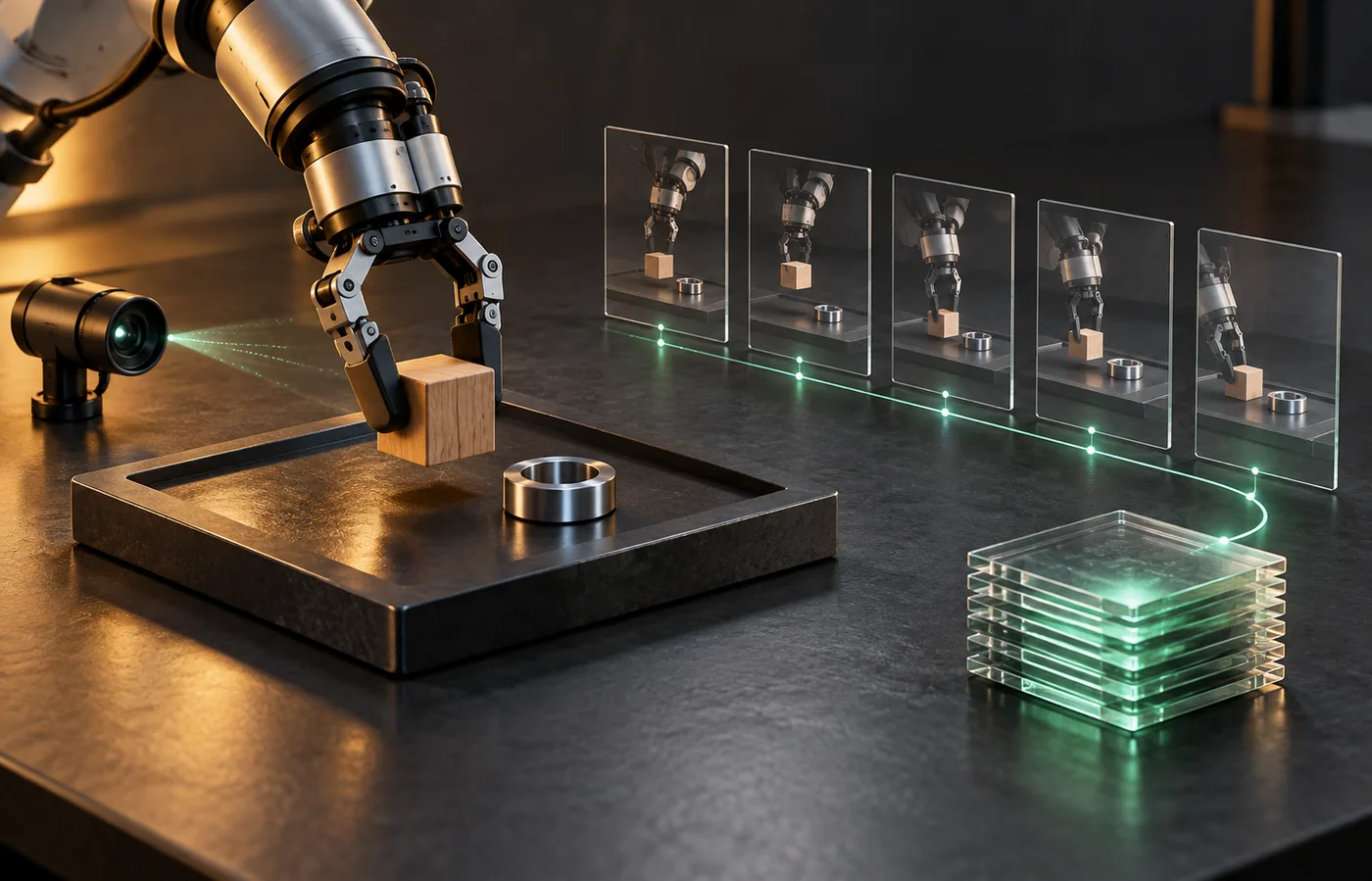 Conceptual illustration of a robotic gripper lifting a wooden block beside glass recording frames on a dark workbench