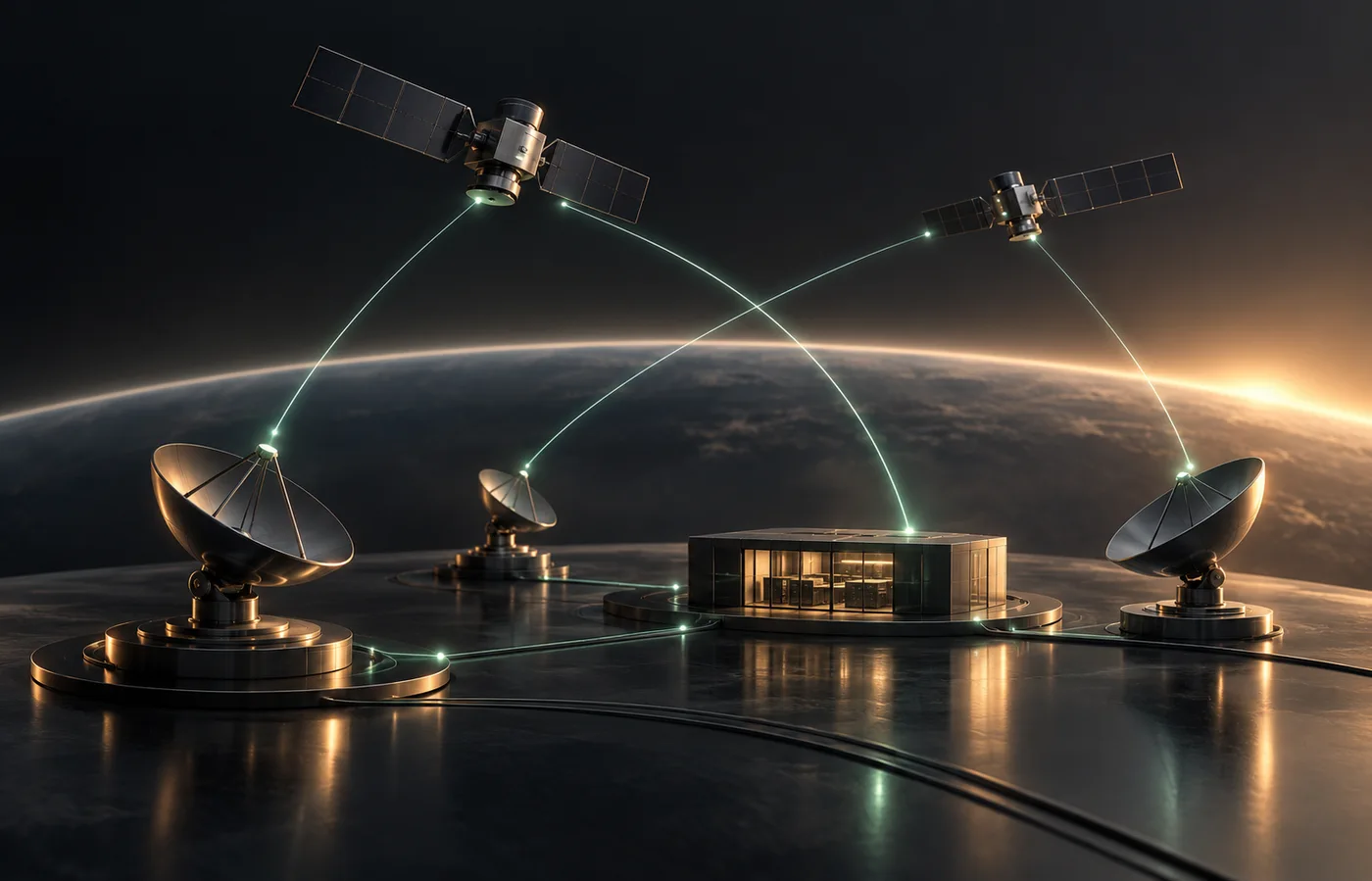 Conceptual illustration of two satellites linked to three ground dishes and a control building on dark platforms