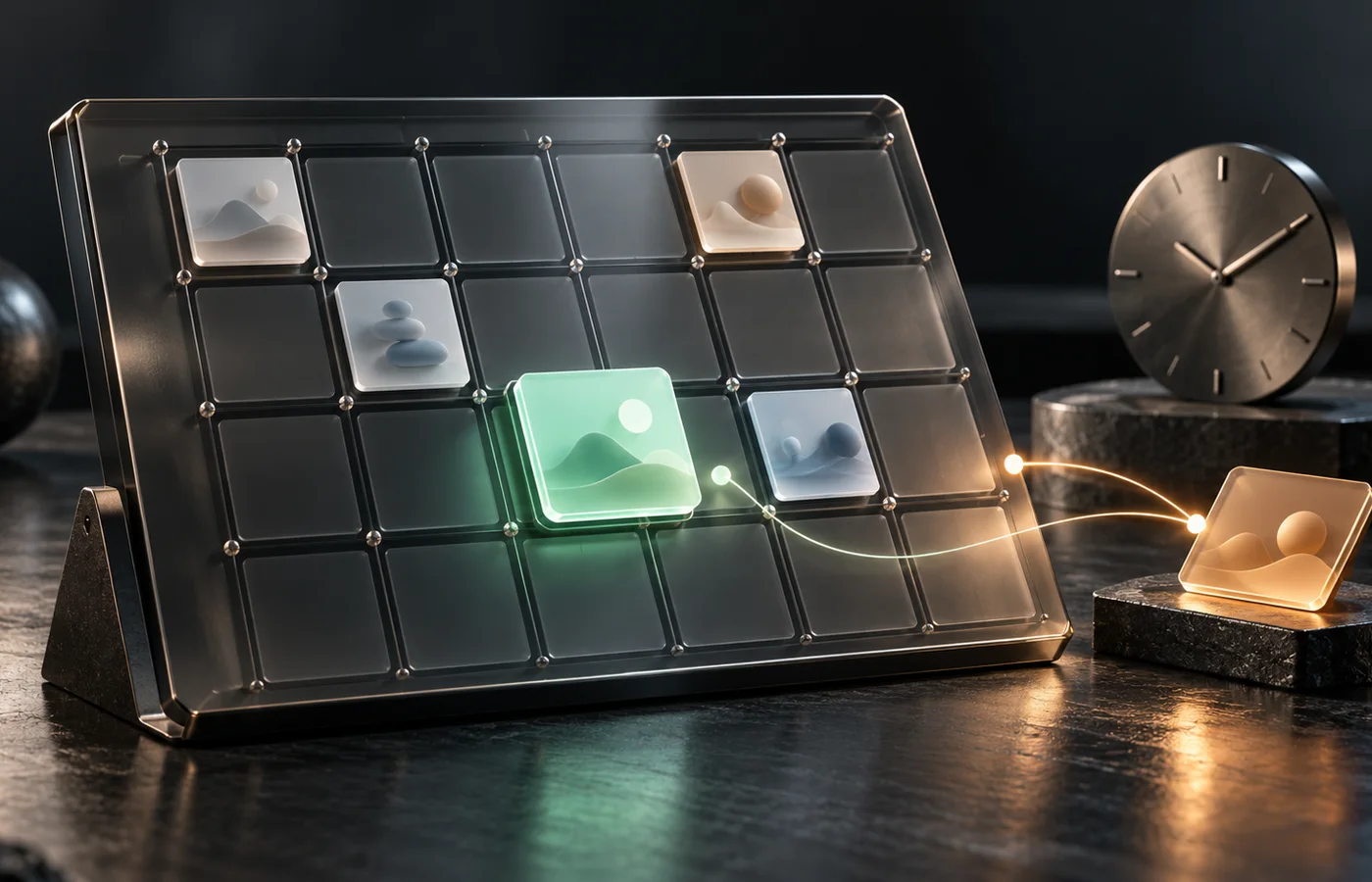 A smoked-glass calendar grid holding frosted content cards, with a raised jade post card, separate amber review card, and unnumbered clock