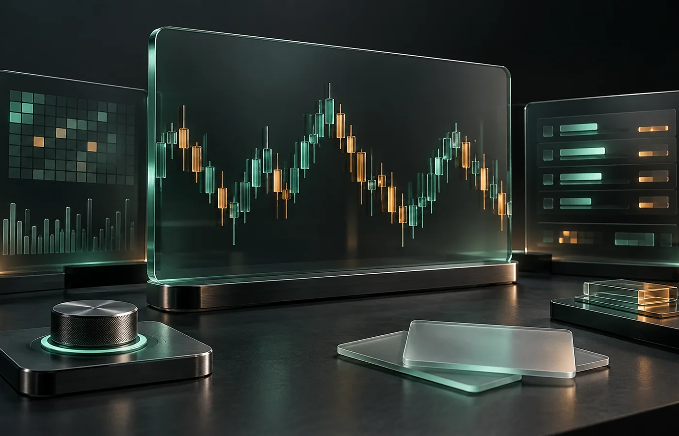 Three smoked-glass analytical panels with abstract jade and amber chart bars, a control dial, and frosted cards on a graphite stage
