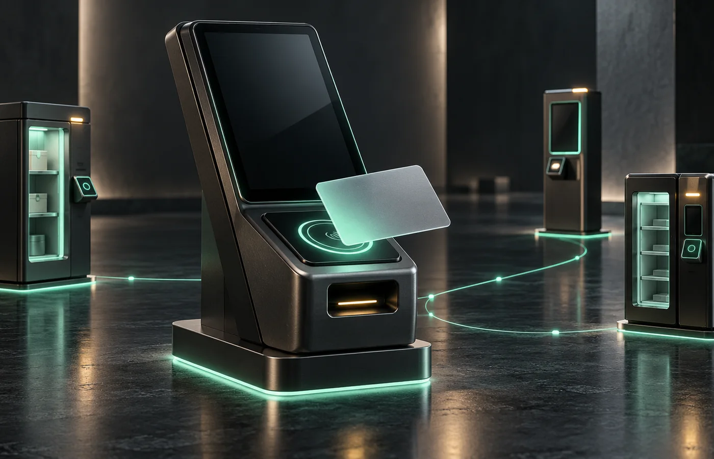 An unbranded dark payment terminal and frosted card surrounded by smaller self-service modules linked by mint light
