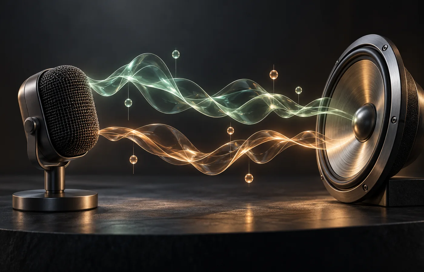 Conceptual illustration of a microphone and speaker connected by mint and amber glass waveforms on a dark platform